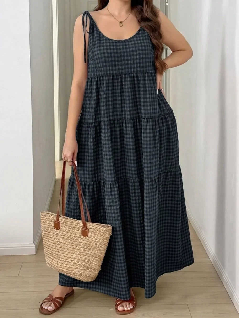 Multicolor Casual Women's Plus Size Plaid Sleeveless Dress